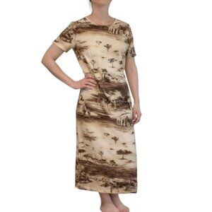 PONT NEUF AFRICAN SAVANNAH LIONS ZEBRAS GIRAFFES PRINT MIDI DRESS SIZE 10